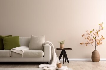 Interior design of living room with copy space, beige sofa, side table, leaf in vase, pouf, elegant accessories and boucle rug. Beige wall. Minimalist home decor. generative ai.