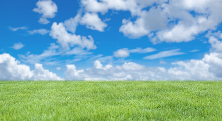 Fototapeta na wymiar 河川敷の土手、高台さわやかな青空と緑の草原・芝生の背景壁紙　アウトドア・スポーツ・行楽・レジャー・旅行・遠足・運動会の背景