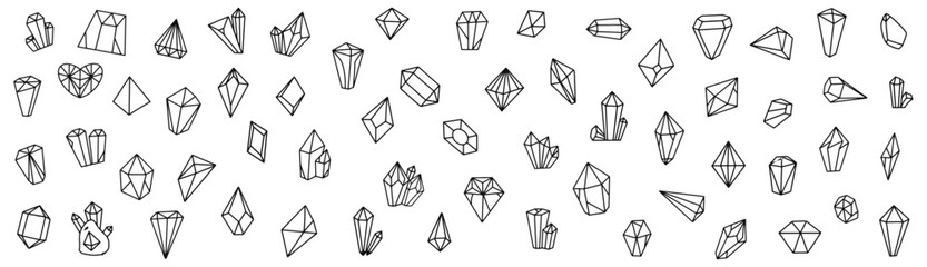 Jewel quartz crystal thin line icon set. Outline sign of treasure gem. Mineral linear icons includes ruby, sapphire topaz, emerald. Simple amethyst crystal symbol isolated. Diamond vector Illustration