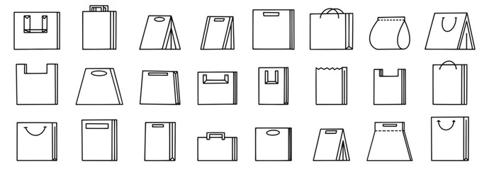 Paper bag vector icon set, line design. Shopping bag related line icon set. Paper market bag linear icons. Grocery bag outline vector signs and symbols collection.