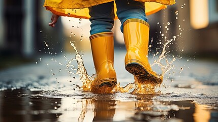 Kid Wearing yellow Boots Jumping in rain