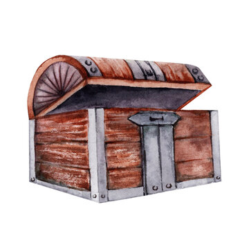Watercolor open wooden chest isolated illustration on transparent background. Hand drawn design element. Pirate treasure storage container.