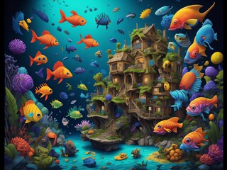 A multi-level house nestled on the sea bed, surrounded by an array of fish in vivid and breathtaking colors
