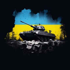 A simple silhouette of Ukraine with a broken tank inside, symbolizing the desire to end military conflict.