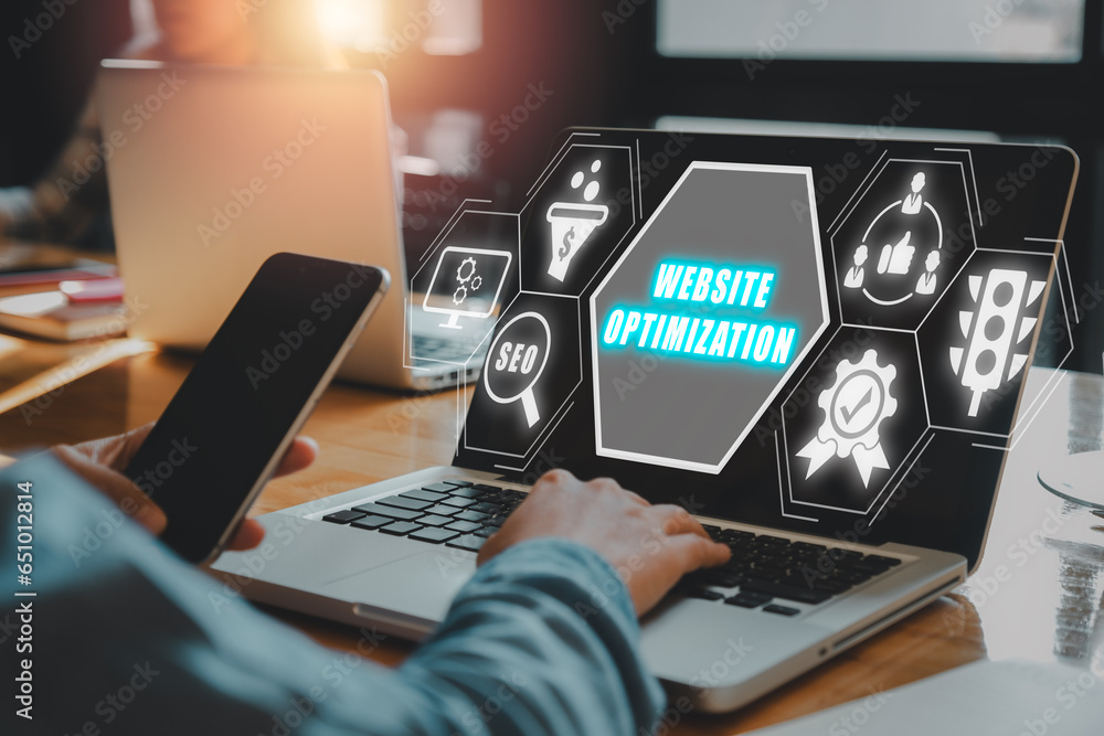 Poster website optimization concept, business woman working on laptop computer with website optimization ic