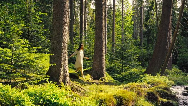 Magical shot in bavarian forest of young pretty woman walking to river and wetting her hands