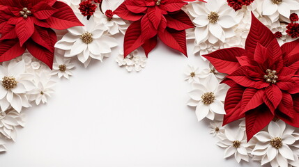 Christmas decoration. Frame of flowers of red poinsettia on a white background with copy space - obrazy, fototapety, plakaty