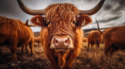Scottish highland cow in the field, Scotland, UK. - obrazy, fototapety, plakaty