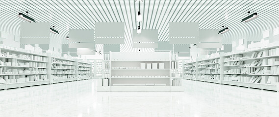 3D Rendering. Store interior supermarket with shelf shelves.