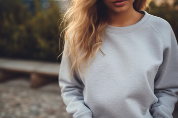 Grey Sweatshirt Mockup, Blank Oversized Sweatshirt Template, Casual Fashion, Woman, Girl, Female, Model, Wearing a Grey Sweater, Standing Outdoors 