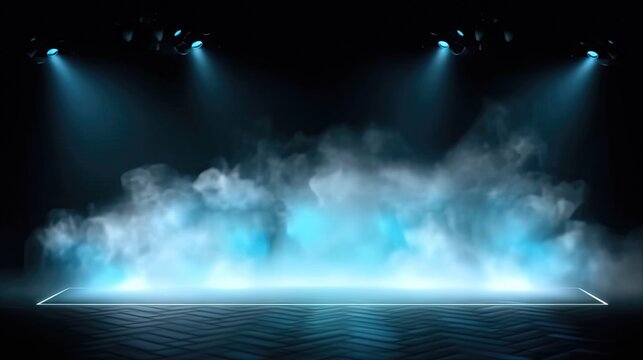 Dynamic Stage Illumination. Blue Vector Spotlight and Smoke on Black Background