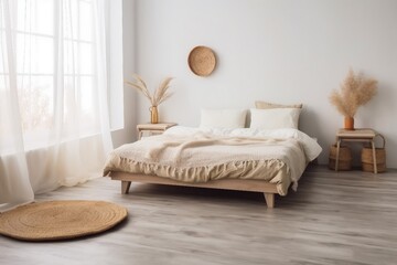 simple boho eco bedroom interior, design blog, ad. Bed with pillows, carpet on wooden floor, window with curtains, table with dry plants, furniture, on white wall background, copy space. generative ai