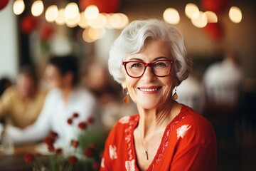 senior woman smiling at an audience at event,