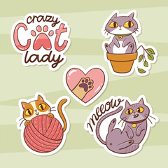 Cute Cat sticker collection. Hand-drawn isolated vector illustrations, perfect for cat lovers. Lovely and friendly pet stickers. Set 1 of 2.