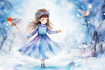 Obraz na płótnie Canvas A painting of a little girl dressed as a ballerina with bird. Winter concept