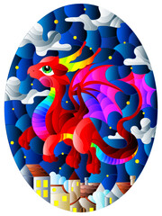 An illustration in the style of a stained glass window with a bright cute dragon on the background of the sky and the city