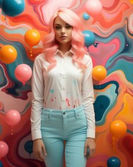 Portrait of a girl with pink hair wearing a shirt and blue pants. The woman is isolated on a pastel colored wall. Colorful balloons fly around the lady.
