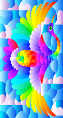 An illustration in the style of a stained glass window with a bright rainbow bird on a background of blue sky and clouds