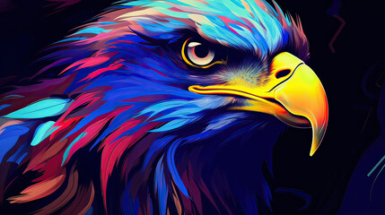 Fototapeta premium Eagle, majestically silhouetted with neon-hued feathers, abstract digital art on a deep blue canvas. AI generative