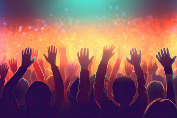 A colorful background with a crowd of hands up and the word music on it - obrazy, fototapety, plakaty