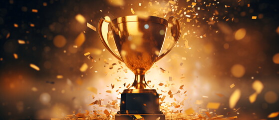 Trophy cup. Gold first place winners trophy with falling confetti and streamers. Champion trophy, shiny golden cup falling confetti for sport award. Winner prize, champions. Generative ai