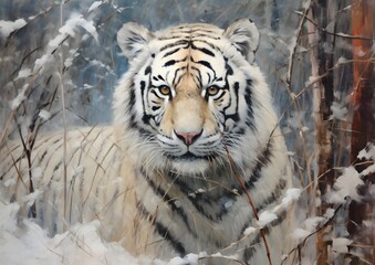 Fototapeta na wymiar White Tiger in the woodlands snowy forest, oil painting, artwork, landscape, wall art
