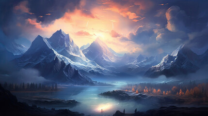 Ethereal mountain range bathed in twilight hues; a haven for dreamers.  AI generative