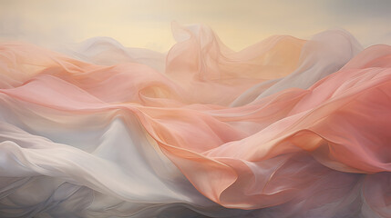 Ephemeral silk veils floating amidst soft pastel clouds.   AI generative