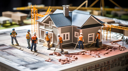 Construction of House with miniature workers working on it