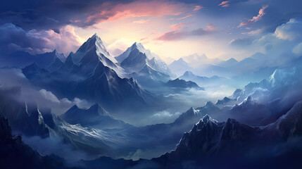 Ethereal mountain range bathed in twilight hues; a haven for dreamers.  AI generative
