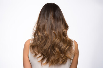 Fototapeta premium A Woman With Balayage Highlights Hair On A White Background