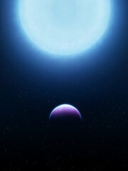 Alien planet in the light of a blue star. Exoplanet near the sun. Blue supergiant with planet.