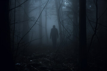 Horror, fantasy, mystery and landscape concept. Dark human or ghost silhouette standing in dark forest. Dense forest covered with mist or fog. Dark tree trunks in background. Generative AI - obrazy, fototapety, plakaty