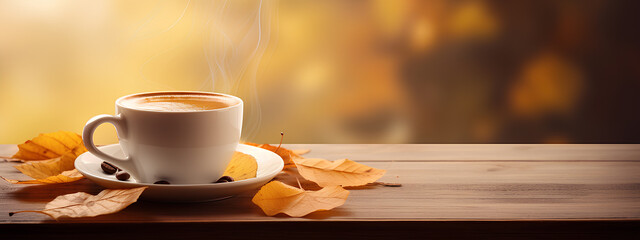 Coffee cup nestled among autumn leaves on a wooden table.