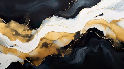 Beautiful abstraction of liquid wall paints black, golden & white background.