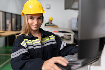 Engineer caucasian woman working with computer at office	