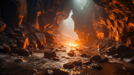 Majestic cave interior with sunlight filtering through and water present