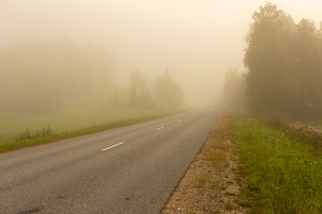 foggy and cool morning on the highway, in the field during summer