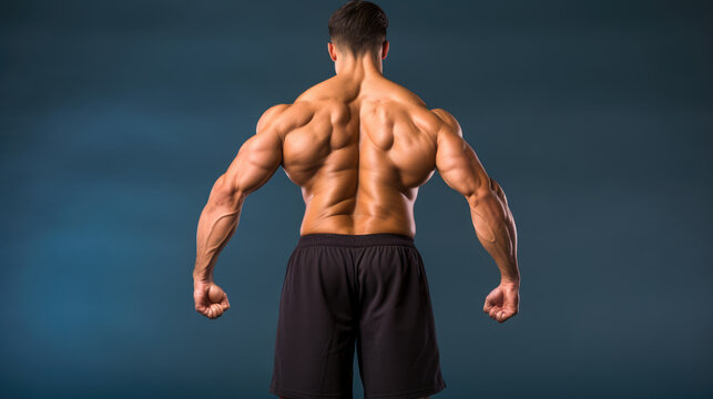 Shirtless body builder in a back and biceps pose, shot in a studio