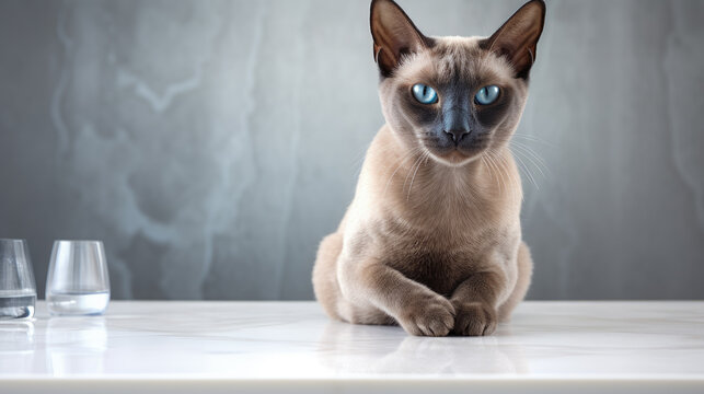 Sleek Siamese cat poised on a marble countertop
