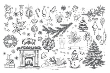 Christmas set in sketch style. Hand drawn illustration. - obrazy, fototapety, plakaty
