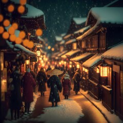 Yoshiwara disctrict Japanese redlight district in edo period Christmas night cute couples snowing warm atmosphere tiltshift 