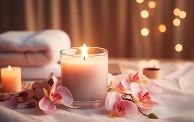 Fototapeta na wymiar relax spa background in soft lighting Candles, orchids , petal, aromatherapy, soft candle light, cozy meditation