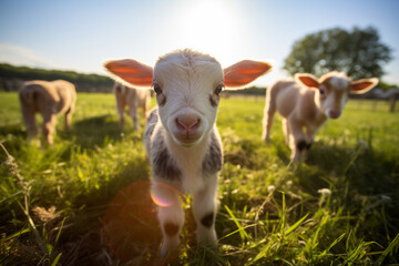 Obraz na płótnie Canvas Farm Animal Welfare Healthy And Happy Animals In Open Fields