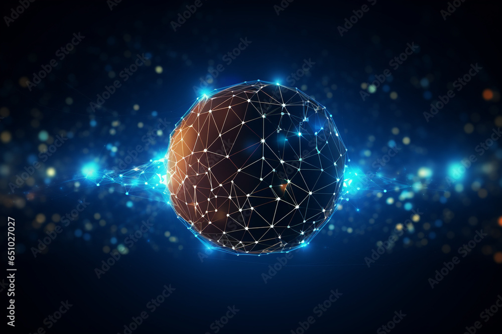 Poster futuristic blockchain technology with world globe and polygon network
