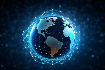 Fototapeta na wymiar Futuristic Blockchain Technology With World Globe And Polygon Network