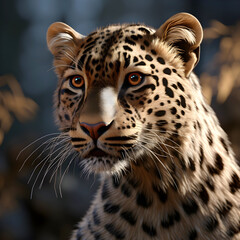 Close up portrait of a leopard hunting in the forest