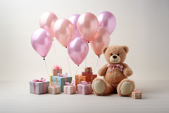 Generative AI Image of Kid Birthday Party with Teddy Bear and Gifts on Isolated Background