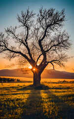 a tree at sunset