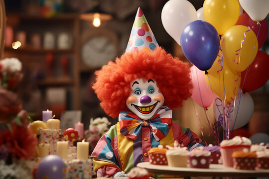 Generative AI Image of Funny Clown in Kid Birthday Party with Balloons Decoration